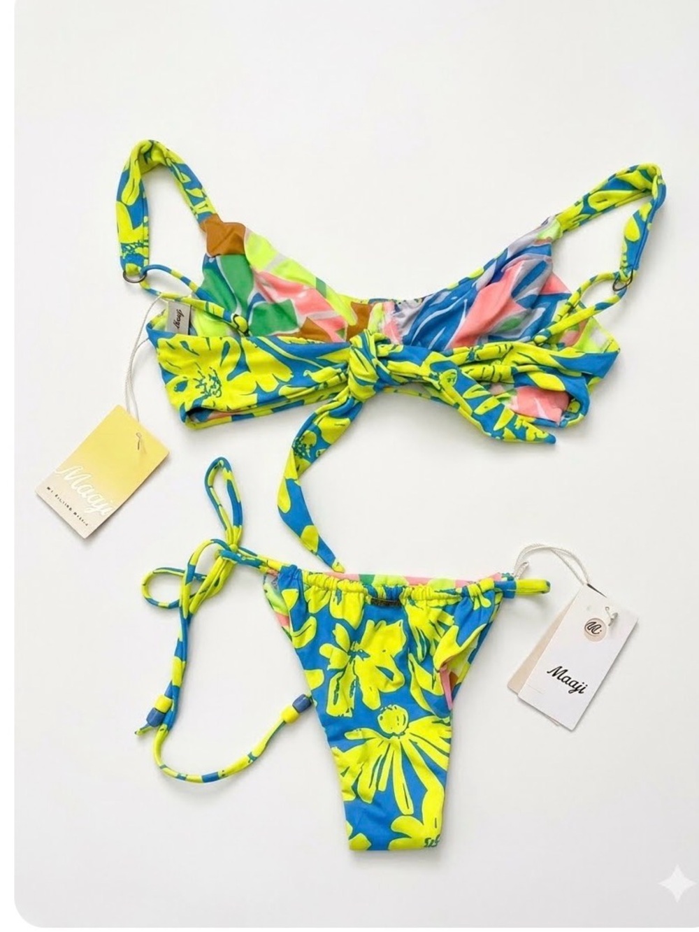NWT Maaji Reversible Blue & Neon Yellow Floral Tie-Side Bikini Set Large - Picture 3 of 6